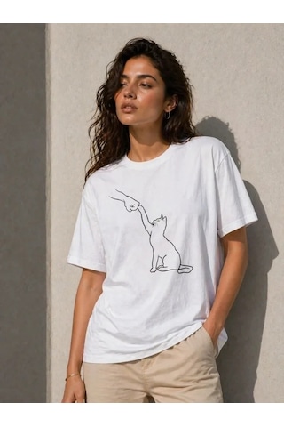 Defymoda Minimal Kedi Çizim Baskılı Tişört Kısa Kol Yazlık T-shirt - Beyaz