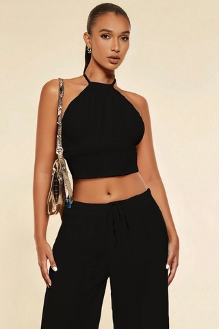 Sırt Bağlamalı Dalgalı Akordiyon Kumaşlı Kolsuz Crop Bağcıklı Yazlık Pantolon Takım Siyah