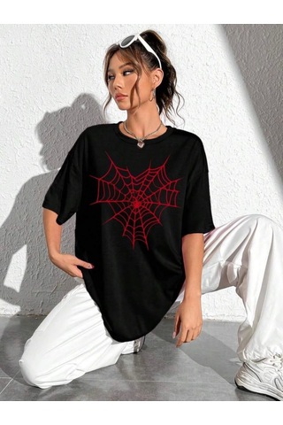 Wear Vexel Kadın Örümcek Ağ Baskılı T-shirt Kısa Kol Bisiklet Yaka Oversize Tişört - Siyah Siyah