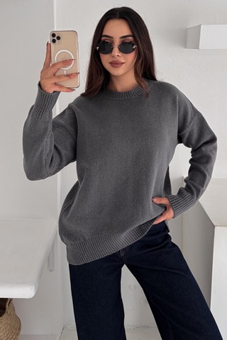 Femelle Kadın Füme Standart Beden Oversize Basic Triko Kazak - 357bnd Gri