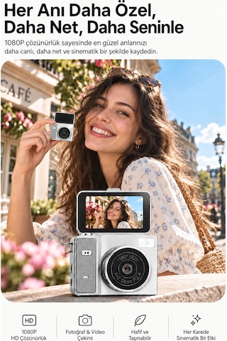Mimtec Blm-109 Retro Mini Dijital Kamera 1080p Hd Katlanabilir Ekran Flaşlı Selfie Vlog Video Kamerası Gri