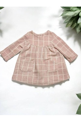 Çikoby Kız Bebek Kare Desenli Cep Detaylı Elbise-14887 Pudra