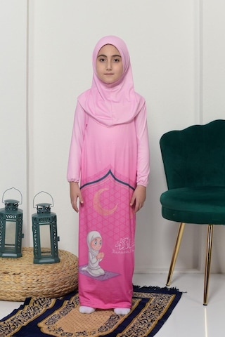 Çocuk Namaz Takımı Pratik Tek Parça Desenli Kollu Tak Çıkar Başörtülü Likralı Tesettür Elbise 6-12 Yaş 925-0201 Çok Renkli