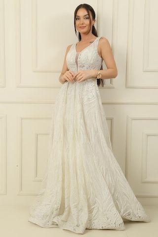 By Saygı Simli Hayalet Tül Prenses Abiye-36096-ekru
