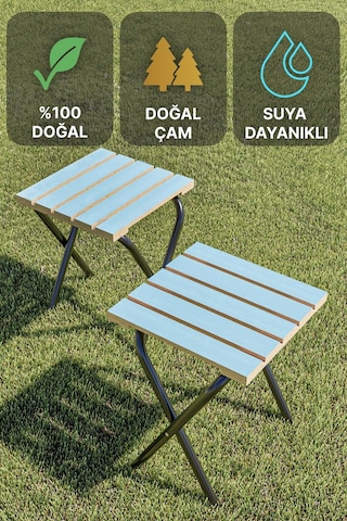 Bino Suya Dayanıklı Şık Ahşap Tasarım Kamp ve Bahçe Tabure 2'li Set Mavi