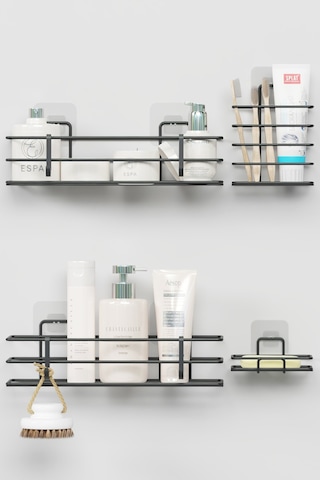 Zabata Yapışkanlı Banyo Seti Duş Rafı + Sabunluk + Diş Fırçalık Metal Set Siyah