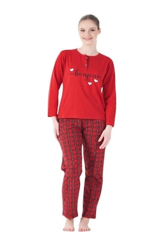 Estiva Ekose Desen Patlı Düğmeli Kareli Bayan Pijama Takım Kırmızı