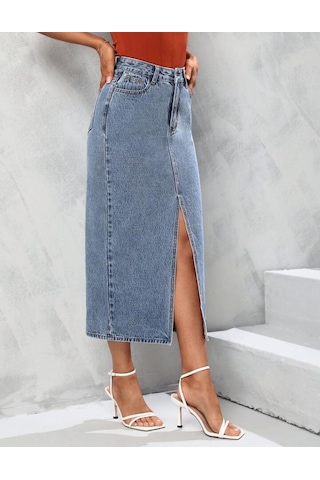 Pass&pass 2100-etek Kadın Likralı Önden Yırtmaçlı Jeans Kot Denim Uzun Etek Kar Açık Mavi