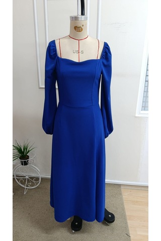 Bhrwear Kadın Uzun Kollu Kalp Yakalı Yırtmaçlı Uzun Ithal Krep Elbise Renkli