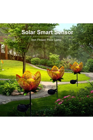 Yifomall Güneş Enerjili Altın Sarı Demir Çelik Delikli Çiçek Desenli Bahçe, Ev Bahçesi Ve Peyzaj Dekorasyonu İçin Dış Mekan Toprak Takılı Led Işık