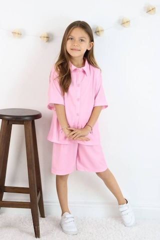 Gömlek Oversize Kız Şort Takım Soft Pembe Açık Pembe