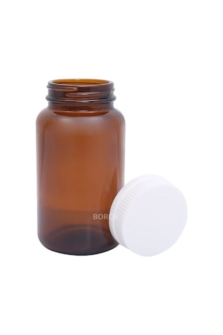 Borox Amber Cam Şişe 300 ML Beyaz Bastır Aç Kapaklı Ecza Şişe