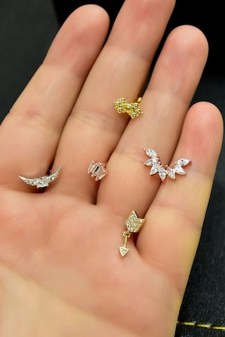 Papatya Silver Çelik Üç Renkli 5'li Kombinli Tragus Küpe Model5
