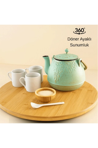 Bambu Dekoratif Yuvarlak Sunum Tabağı, 360 Derece Dönebilen Servis Tabağı, 30 X 30 Cm Ahşap
