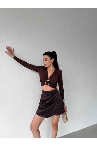 Elaxi Kadın Dalgıç Kumaş Tokalı Vatkalı Crop Bluz Kahverengi