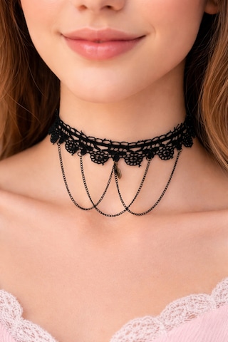 Gotik Siyah Püsküllü Dantel Kolye Vintage Tarzı