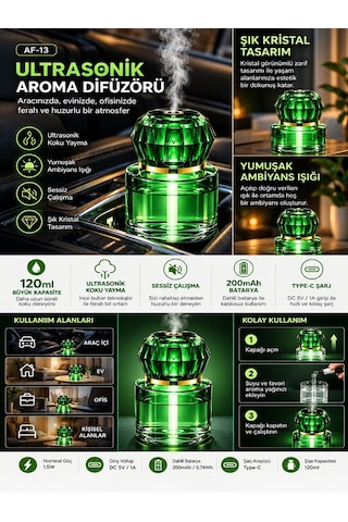 120ml Ultrasonik Aroma Difüzör 200mah Şarjlı Araç İçi Hava Nemlendirici Sessiz Oda Kokusu