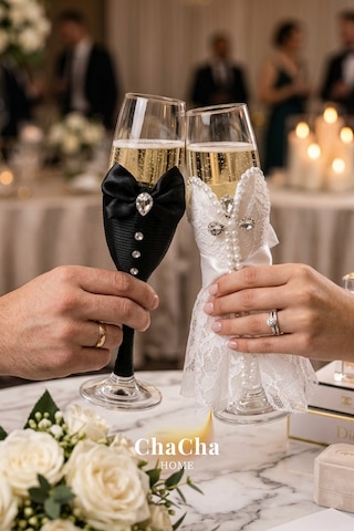 Chacha Home Lüks Düğün Temalı Gelin Damat Kadehi Beyaz - Siyah