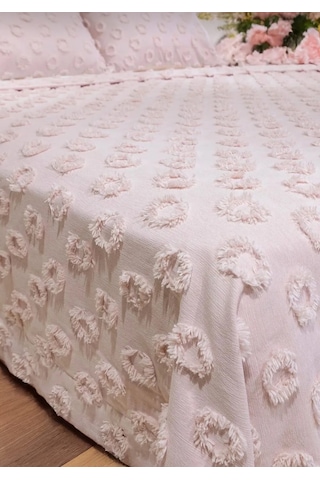 Ponpon Desenli 3 Parça Çift Kişilik Yatak Örtüsü Pudra