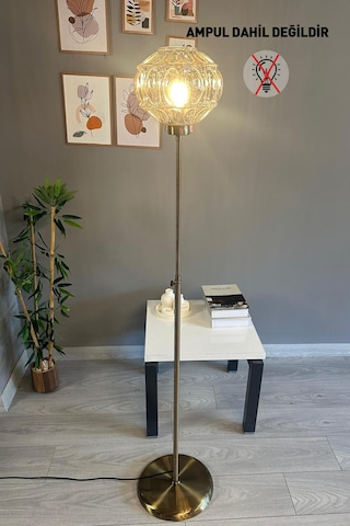 Şila Cam Bal Rengi Düz İnce Gövde Lambader Modern Oturma Odası Natural