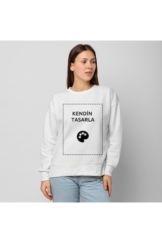 Unisex Beyaz Bisiklet Yaka Sweatshirt Kişiye Özel Baskı Resim Baskılı Kazak Beyaz