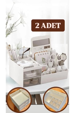 2 Adet Office 2 Çekmeceli Masa Üstü Düzenleyici - Ofis Kalemlik B Beyaz