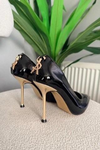 Asmi Shoes Kadın Alexa Arka Toka Detayı 10 Cm İnce Topuklu Ayakkabı&stiletto Siyah Rugan Siyah