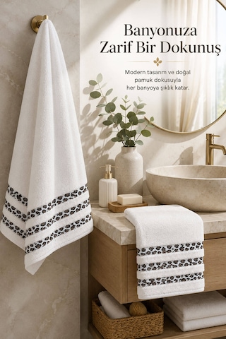 2 Parça Banyo Havlu Seti %100 Pamuk Leopar Deluxe 70x140 Cm + 50x90 Cm Beyaz