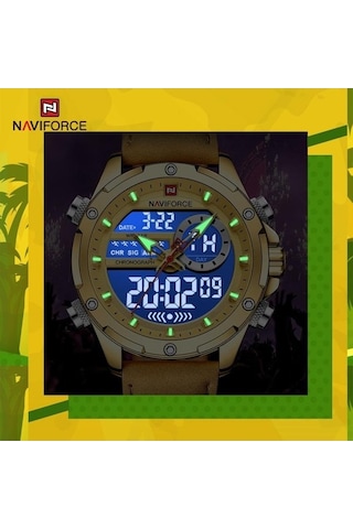 Naviforce Nf9208 Çift Ekran Kuvars Analog Lcd Dijital Erkek Saat Deri Kayış Gümüş - Yeşil Çok Renkli