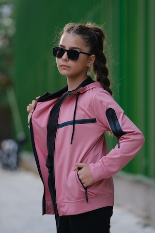 Pina Kids Kız Çocuk Kolu Cepli Şerit Baskılı Kapüşonlu Dalgıç Kumaş Eşofman Takımı Esf7031 Pembe