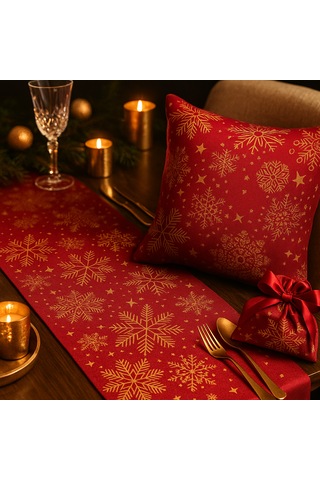 Kırmızı Yılbaşı Masa Runner + Kırlent + Hediye Kesesi 3'lü Set Kar Tanesi Desenli Kırmıızı