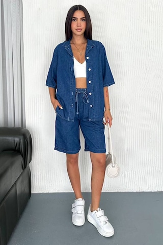 Noa & Noa Kadın Denim Gömlek & Short Takım Sportif & Modern Stil Mavi