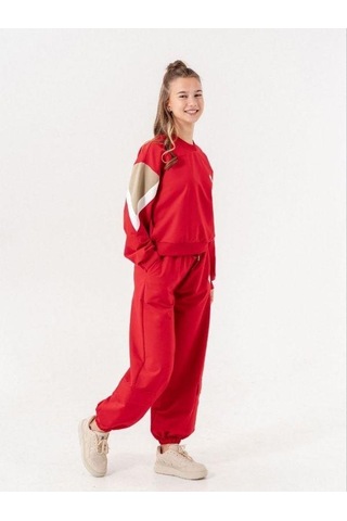 Kız Çocuk 2 İplik Kalp Aplikeli Tasarım Eşofman Takım-14216 Kırmızı