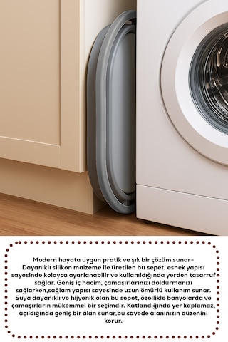 Porsima L-00959-2 Akordiyon Katlanır Sepet Katlanabilir Çamaşır Sepeti Orta Boy Katlanır Çamaşır Sepeti 18 Lt Gri