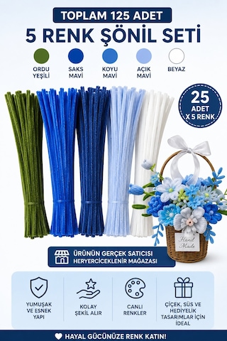 125 Adet 5'li Mavi Tonları Şönil Seti Saks Mavi,koyu Mavi,ordu Yeşili,açık Mavi, Beyaz
