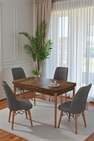 80x170cm Mutfak Masası Takımı 4 Kişilik Açılır Masa Sandalye Takımı - Ceviz Masa - Antrasit Çok Renkli
