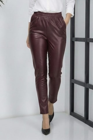 Hb Harma Time Butik Kadın Beli Lastikli Cepli Deri Bordo Pantolon Bordo Bordo
