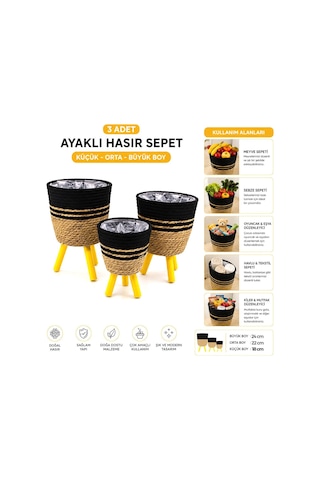 Alvetro Alv-01 Ayaklı Hasır Ve Ahşap Sepet 3'lü Set 18-22-24 Cm - Mix Desenli- 6'li Paket