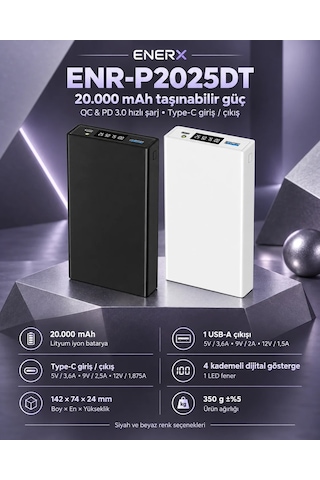 ENERX ENR-P2025DT 20000 mAh Powerbank 22.5 Watt Led Göstergeli Siyah