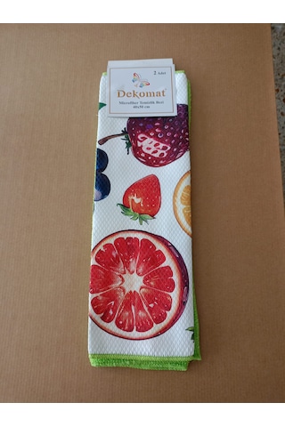 Microfiber Temizlik Bezi 40x50 Cm 2 Adet Çilek Desen Bir Adet Baskılı Bir Adet Naturel Yeşil