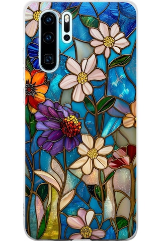 Printify Huawei P30 Pro İle Uyumlu Vitray Mavi Bahar Tasarımlı Şeffaf Silikon Kılıf Şeffaf