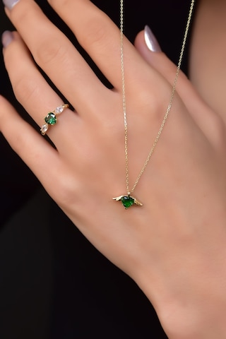 Papatya Silver 925 Ayar Gümüş Gold Kaplama Yeşim Renkli Kalp Kanat Kolye ve Ayarlanabilir Kalpli Prenses Yüzük Set