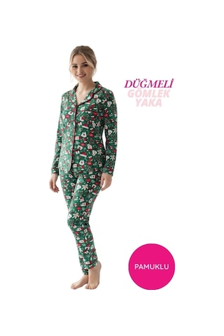 Kadın Noel Desen Mevsimlik Pamuk Likra Göğüs Cepli Boydan Önden Düğmeli Uzun Kol Pijama Takımı Desenli
