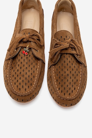 Luvishoes Stevo Taba Süet Hakiki Deri Delikli Bağcıklı Kadın Loafer Ayakkabı
