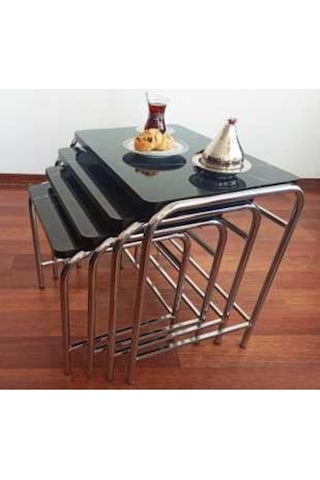 Zigon Sehpa Nikelaj Kaplama Metal Ayaklı Siyah Mermer Desen (540935862)