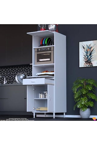 Modilayn Ennet: 60x194.6x48 Cm Fırın / Mikrodalga Dolabı 1 Çekmece, 4 Kapaklı. Mutfağınıza Yer Açın Beyaz