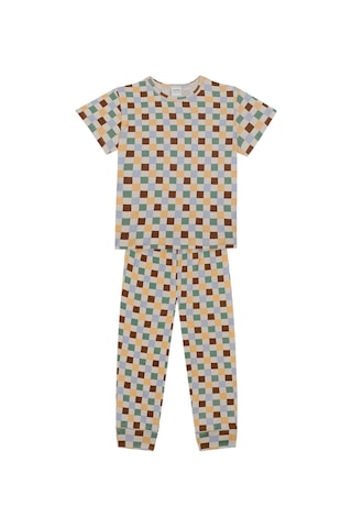 Antebies Organik Gots Sertifikalı Pastel Damalar Desen Bel Lastikli Tshirt Pantolon Erkek Çocuk Pijama Takımı Bej