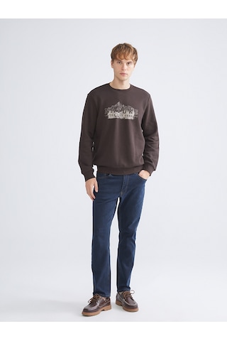 LC Waikiki Lc Waıkıkı Kahverengi Bisiklet Yaka Baskılı Erkek Sweatshirt