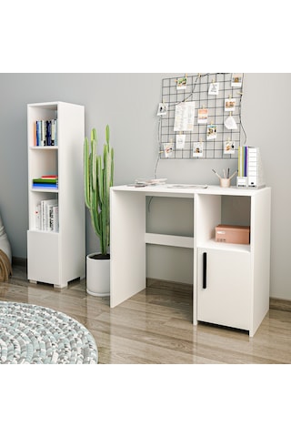 Kuzey Çalışma Masası Ve Kitaplık Set Beyaz