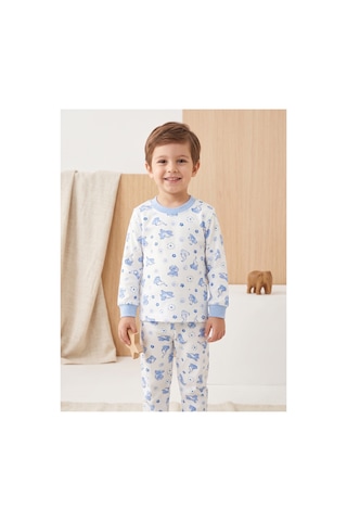 Deniva Kids Unisex Çocuk %100 Pamuklu Sevimli Fil Desenli Ribanalı Uzun Kollu Pijama Takımı Mavi